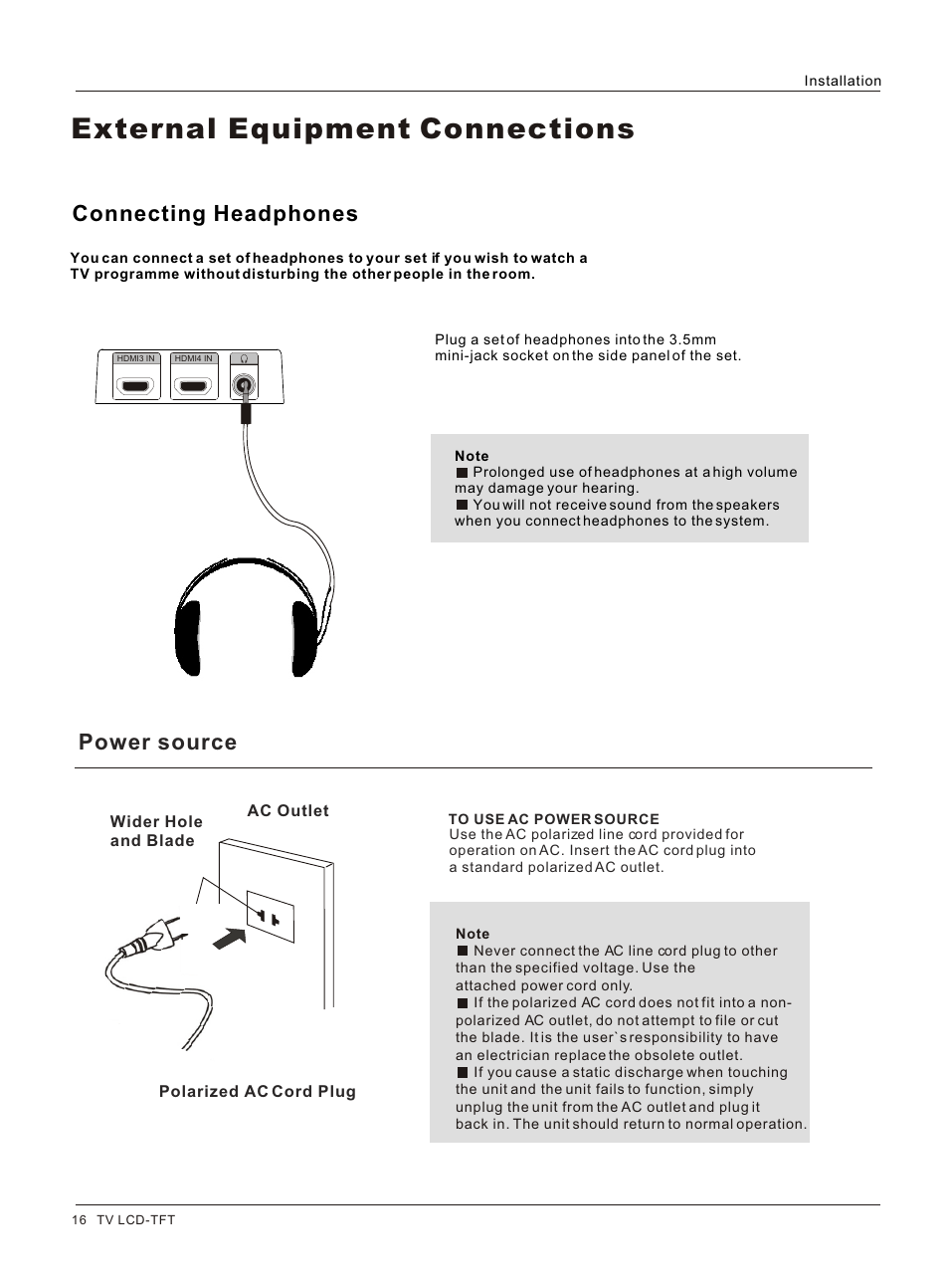 Т³гж 17, External equipment connections, Connecting headphones | Power source | haier HLC26R1 User Manual | Page 16 / 42