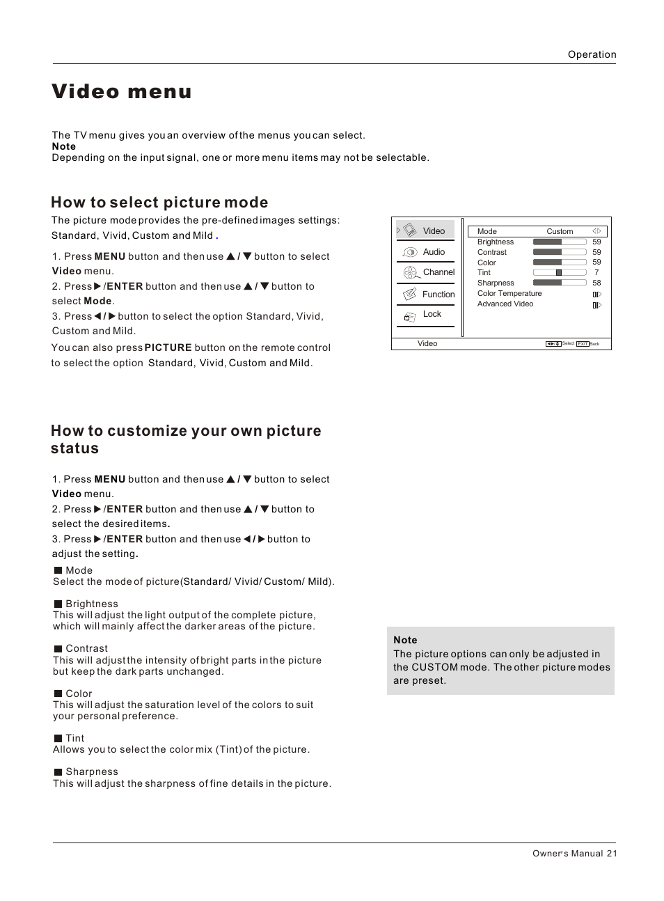 Т³гж 22, Video menu, How to customize your own picture status | How to select picture mode | haier HLC26R1 User Manual | Page 21 / 42