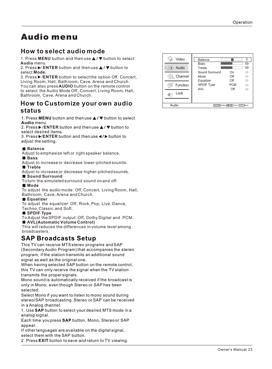 Т³гж 24, Audio menu, Sap broadcasts setup | How to select audio mode, How to customize your own audio status | haier HLC26R1 User Manual | Page 23 / 42