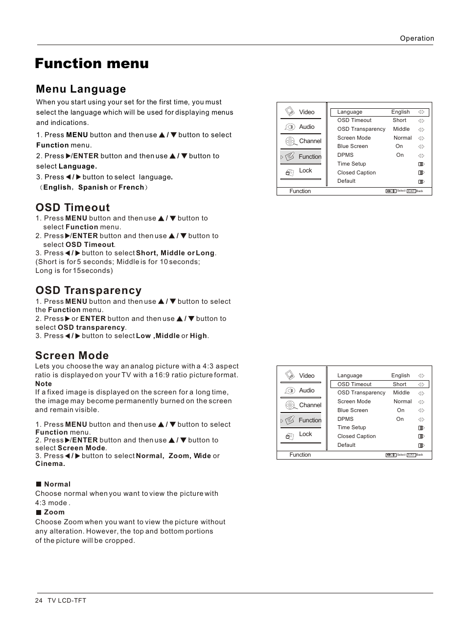 Т³гж 25, Function menu, Screen mode | Osd timeout, Osd transparency, Menu language | haier HLC26R1 User Manual | Page 24 / 42