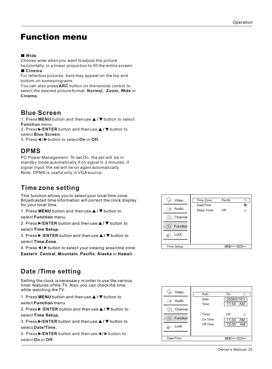 Т³гж 26, Function menu, Date /time setting | Time zone setting, Blue screen, Dpms | haier HLC26R1 User Manual | Page 25 / 42