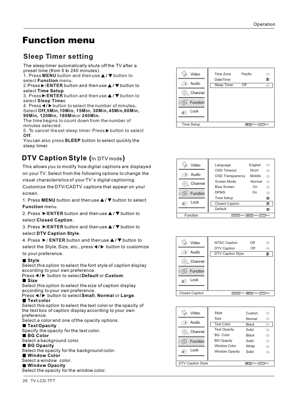 Т³гж 27, Function menu, Dtv caption style | Sleep timer setting | haier HLC26R1 User Manual | Page 26 / 42
