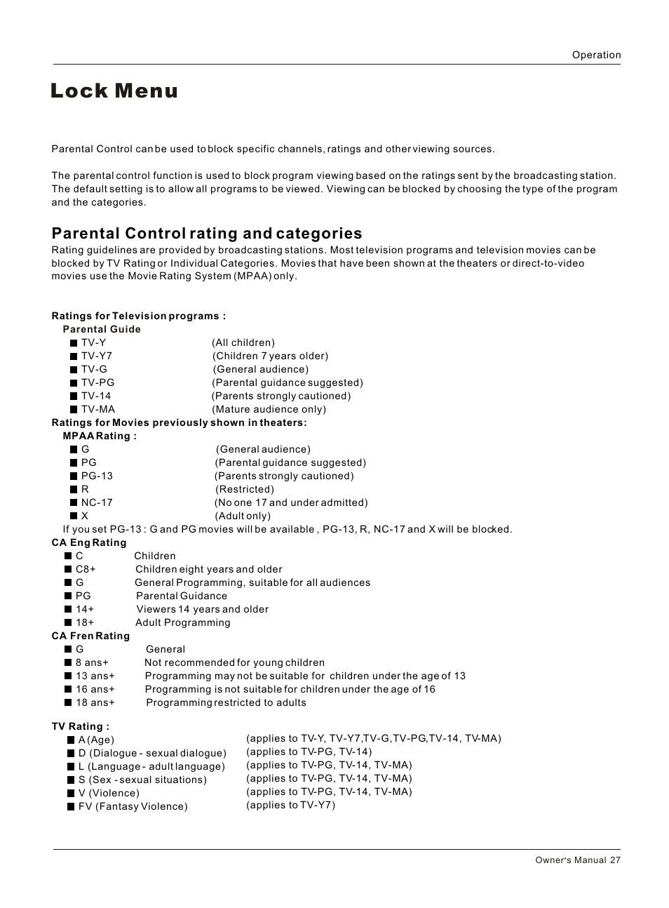 Т³гж 28, Lock menu, Parental control rating and categories | haier HLC26R1 User Manual | Page 27 / 42