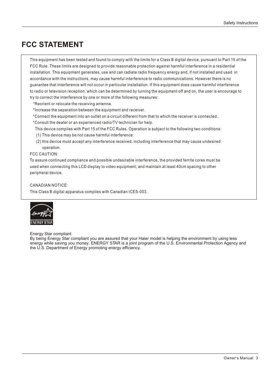 Т³гж 4, Fcc statement | haier HLC26R1 User Manual | Page 3 / 42
