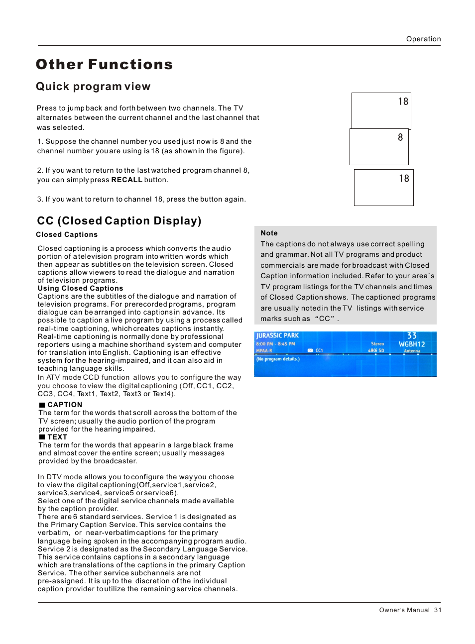 Т³гж 32, Other functions, Cc (closed caption display) | Quick program view | haier HLC26R1 User Manual | Page 31 / 42