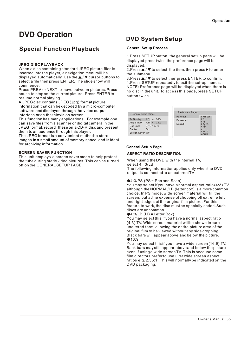 Т³гж 36, Dvd operation, Special function playback | Dvd system setup | haier HLC26R1 User Manual | Page 35 / 42