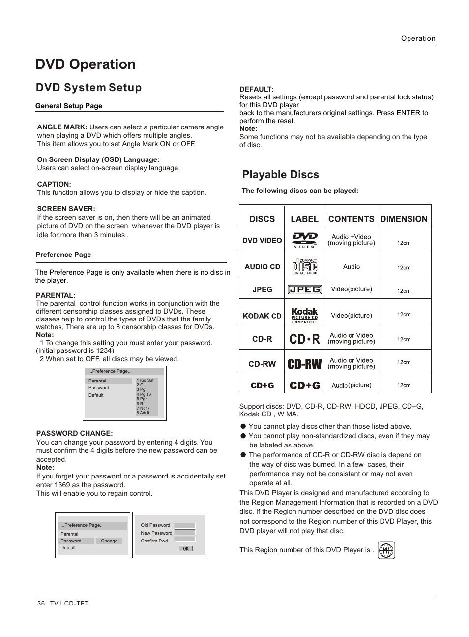 Т³гж 37, Dvd operation, Dvd system setup | Playable discs | haier HLC26R1 User Manual | Page 36 / 42