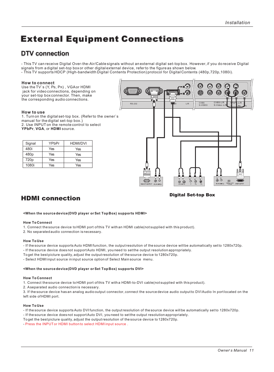 External equipment connections, Dtv connection, Hdmi connection | Installation | haier HL26ATB User Manual | Page 11 / 41