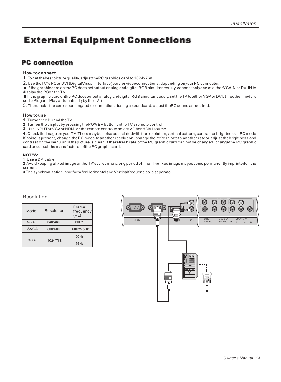 External equipment connections, Pc connection, Resolution | Installation | haier HL26ATB User Manual | Page 13 / 41
