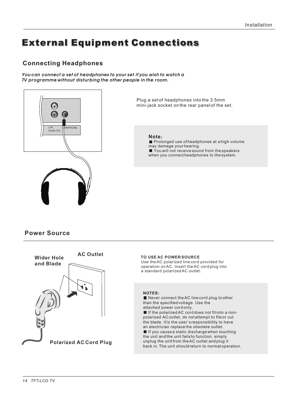 External equipment connections, Power source, Connecting headphones | haier HL26ATB User Manual | Page 14 / 41