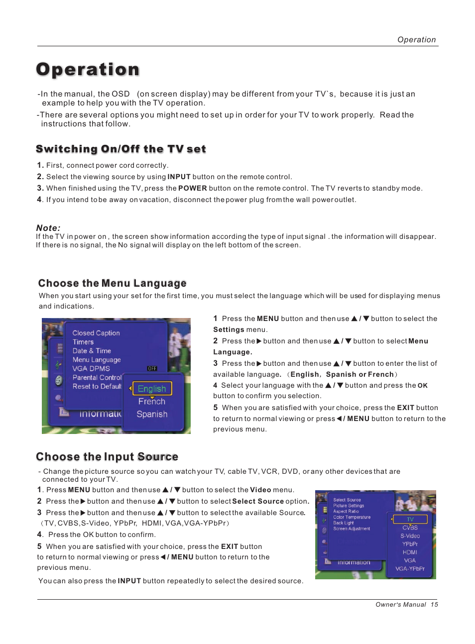 Operation, Choose the input source | haier HL26ATB User Manual | Page 15 / 41