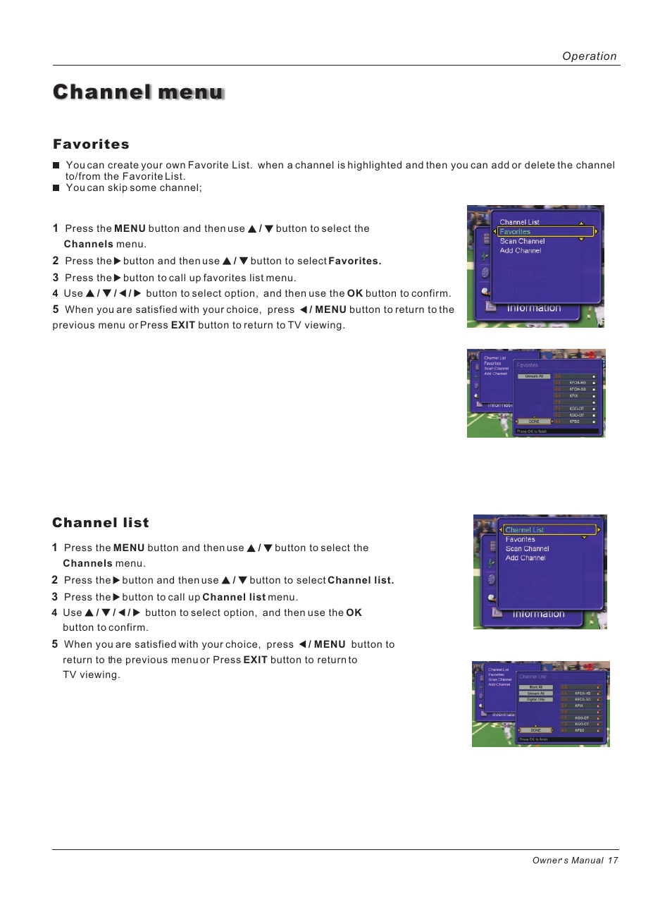 Channel menu, Favorites, Channel list | haier HL26ATB User Manual | Page 17 / 41