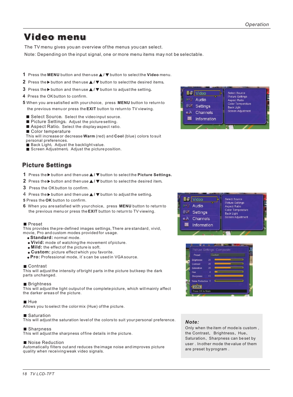 Video menu, Picture settings | haier HL26ATB User Manual | Page 18 / 41