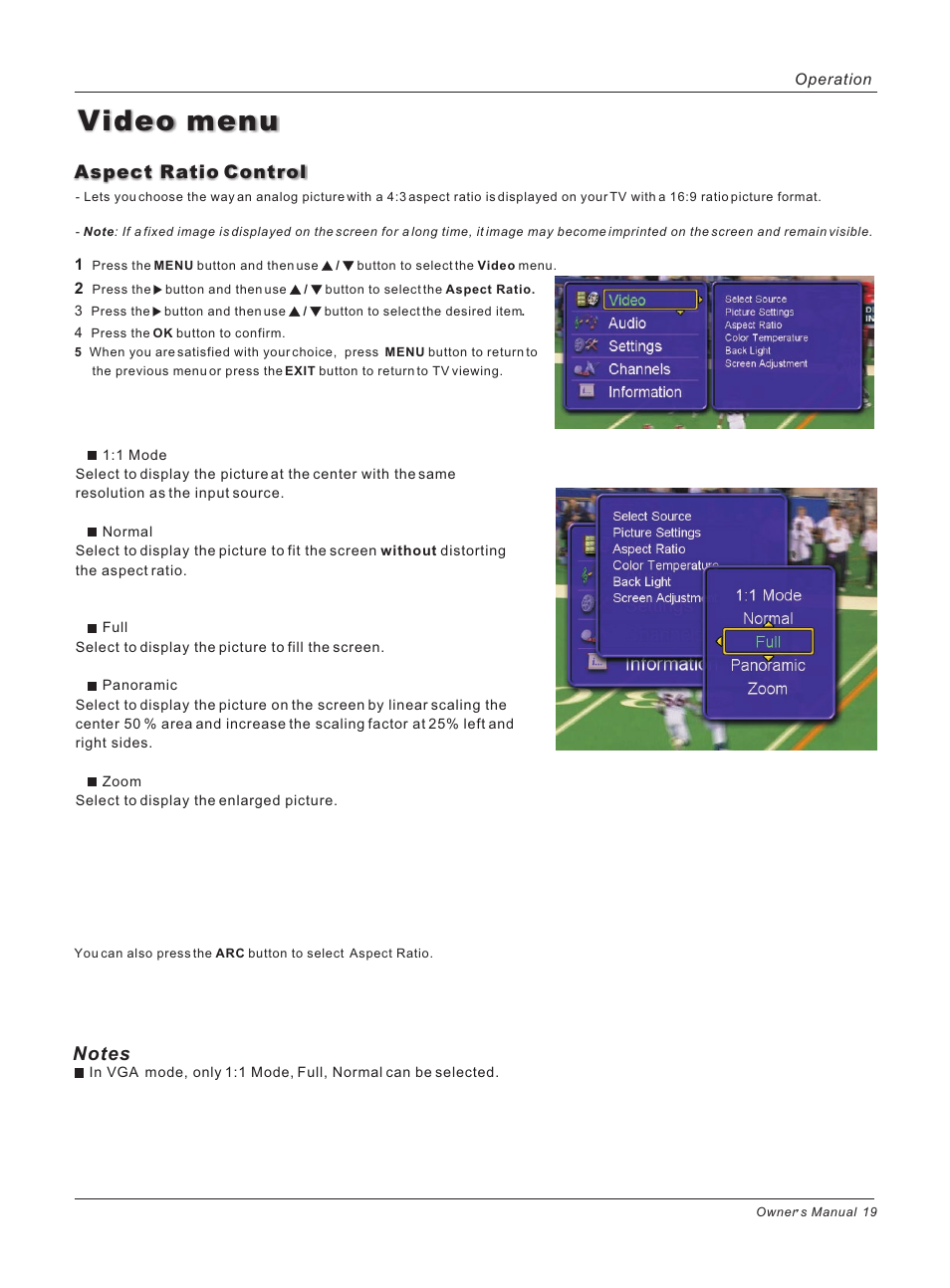 Video menu, Aspect ratio control | haier HL26ATB User Manual | Page 19 / 41