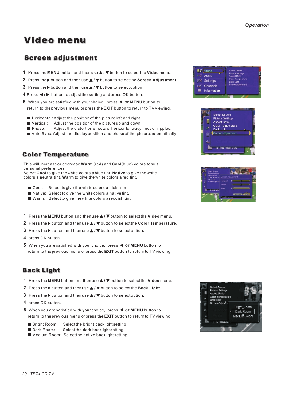 Video menu, Screen adjustment, Color temperature | Back light | haier HL26ATB User Manual | Page 20 / 41