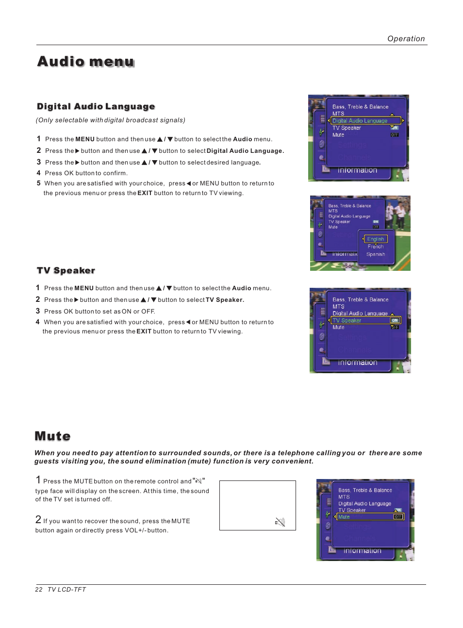 Audio menu, Mute | haier HL26ATB User Manual | Page 22 / 41