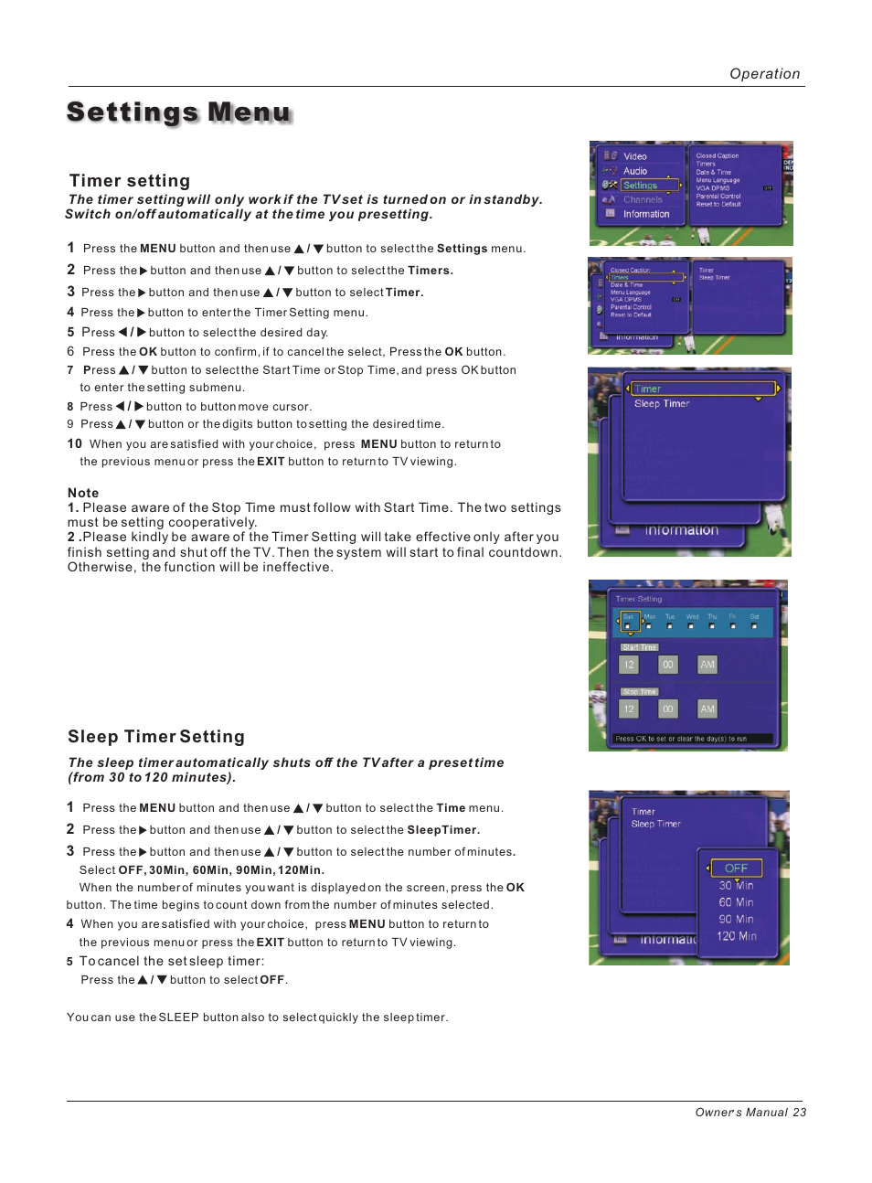 Settings menu, Timer setting, Sleep timer setting | haier HL26ATB User Manual | Page 23 / 41