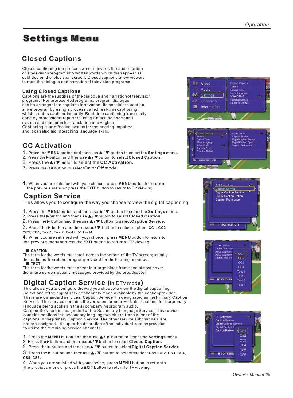 Settings menu, Closed captions, Caption service | Digital caption service, Cc activation | haier HL26ATB User Manual | Page 25 / 41