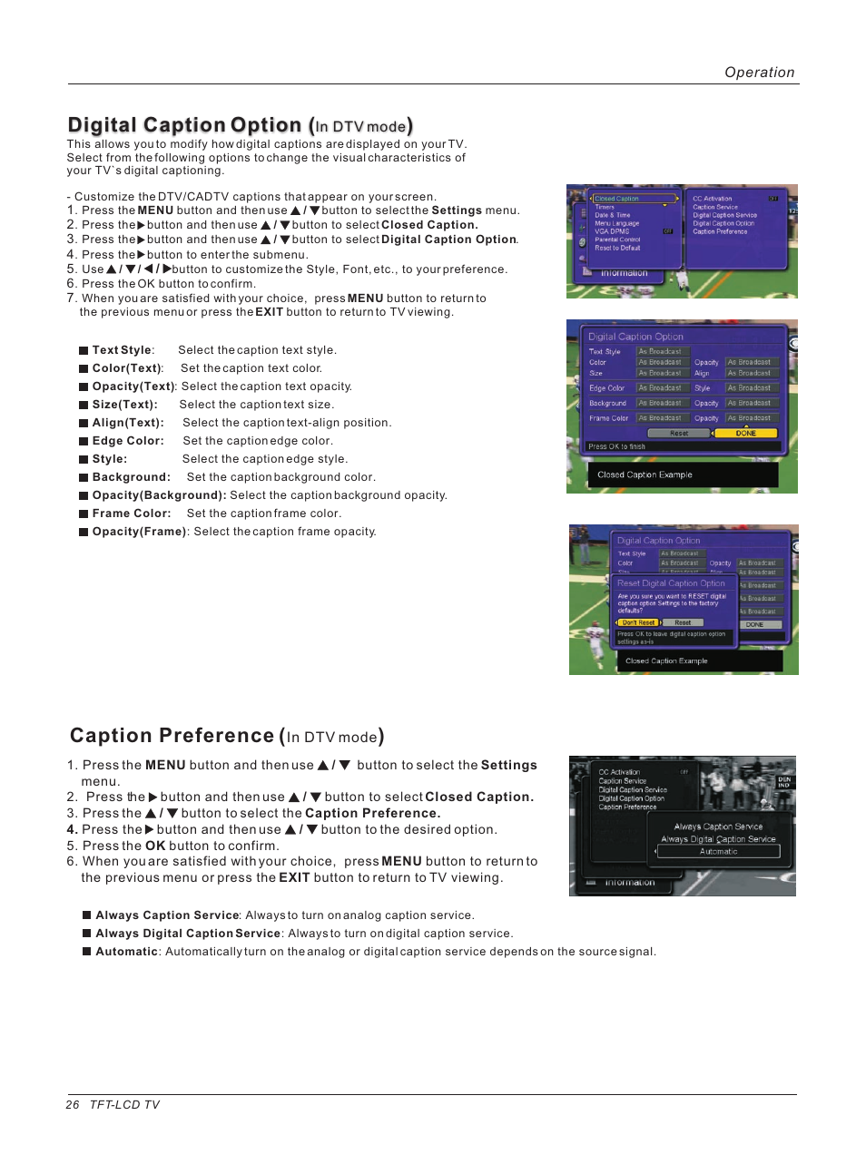 Digital caption option, Caption preference | haier HL26ATB User Manual | Page 26 / 41