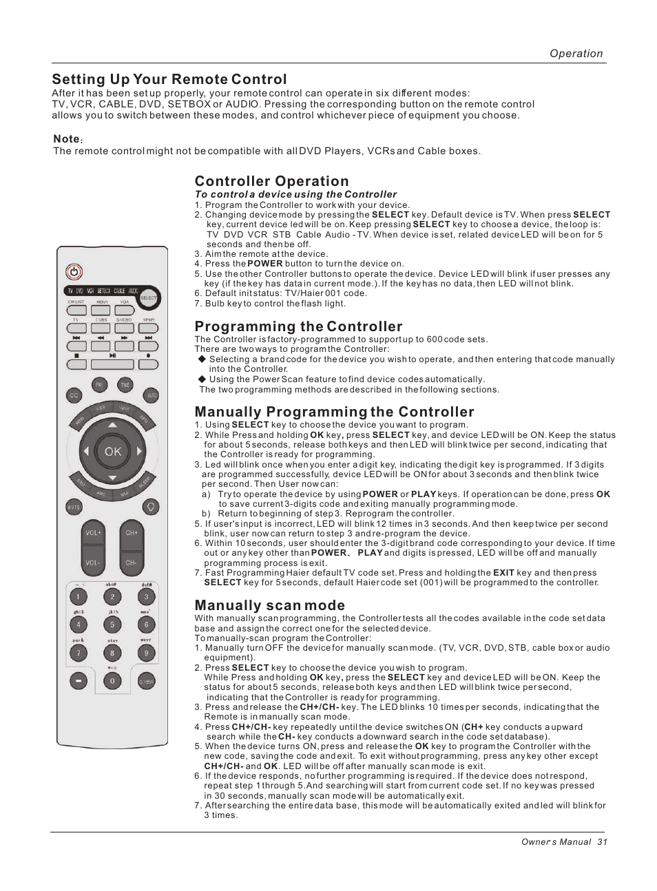 Controller operation, Programming the controller, Manually programming the controller | Manually scan mode, Setting up your remote control | haier HL26ATB User Manual | Page 31 / 41