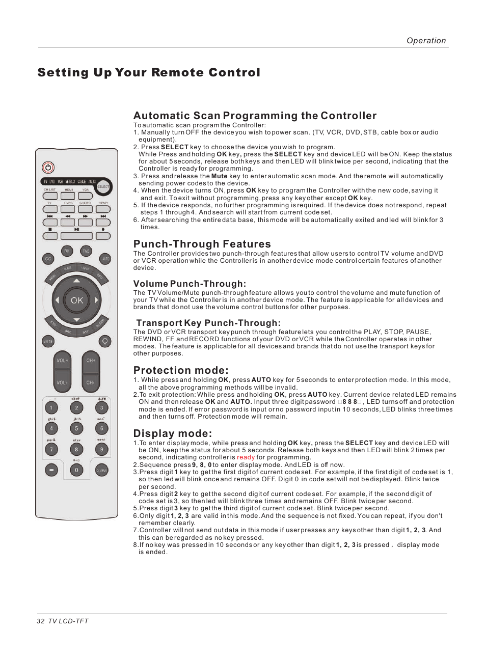 Setting up your remote control, Automatic scan programming the controller, Punch-through features | Protection mode, Display mode | haier HL26ATB User Manual | Page 32 / 41