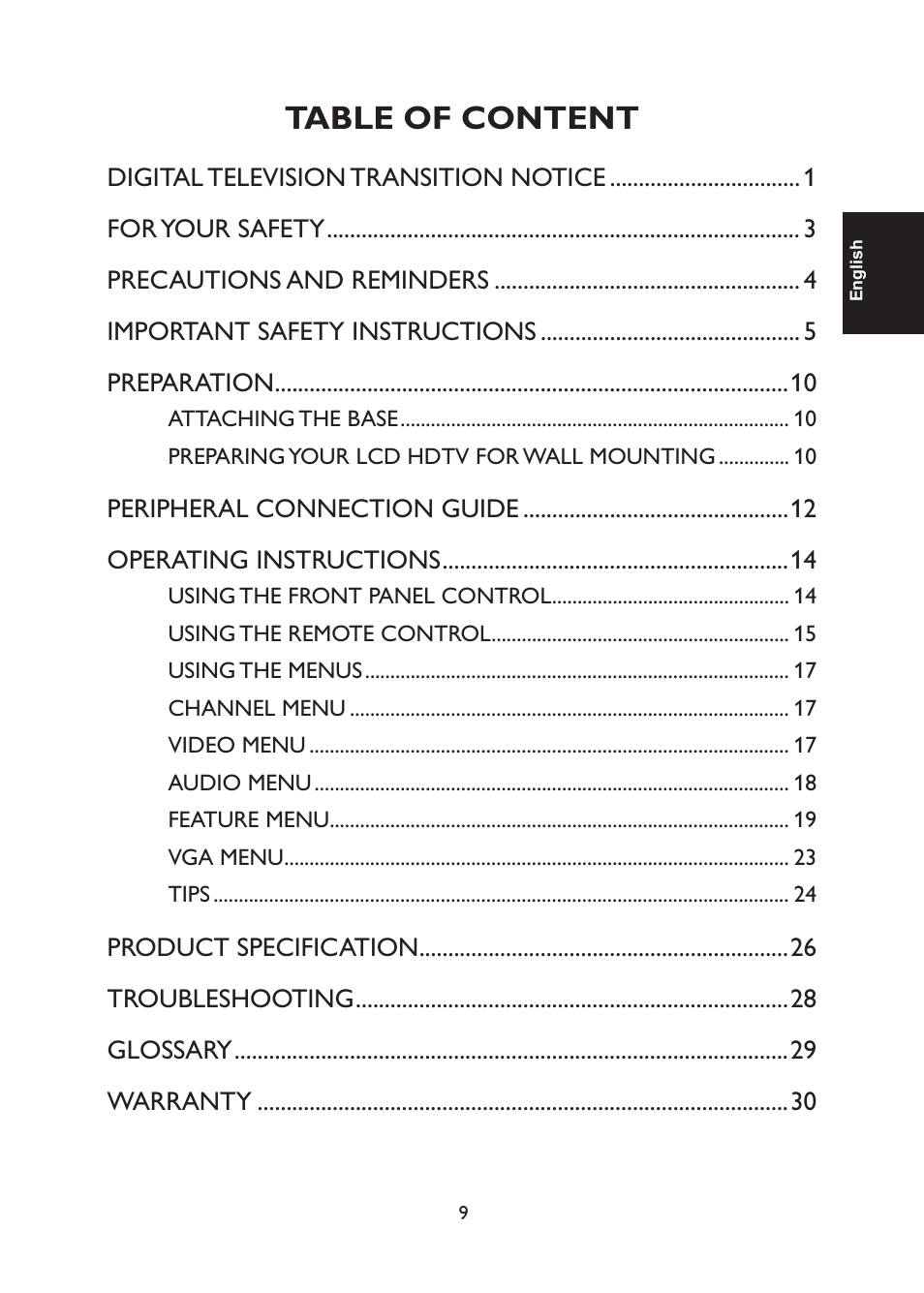Table of content, Peripheral connection guide operating instructions | haier TFT L32C1120 User Manual | Page 11 / 34