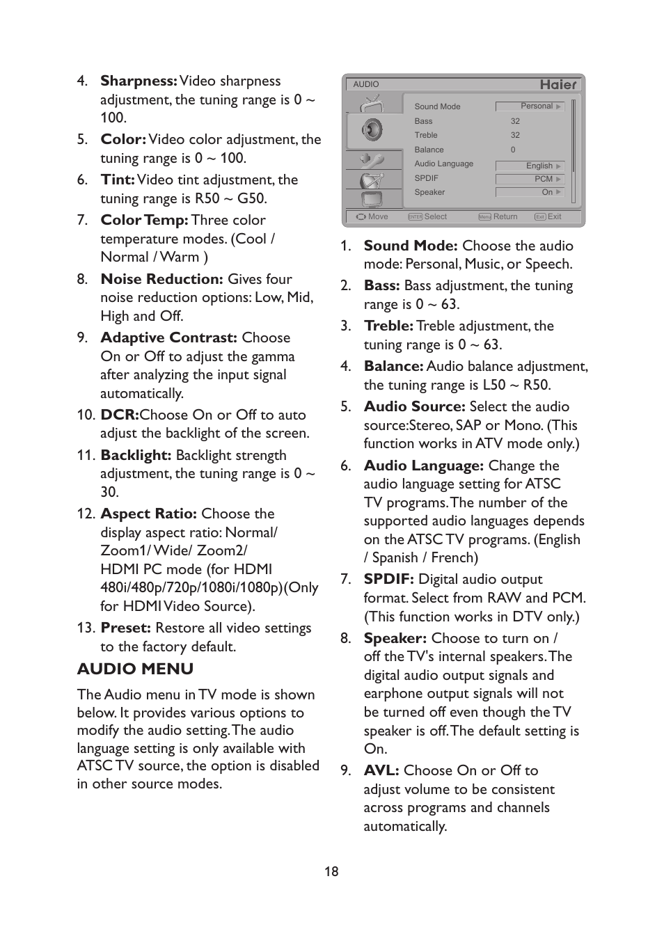 Audio menu | haier TFT L32C1120 User Manual | Page 20 / 34