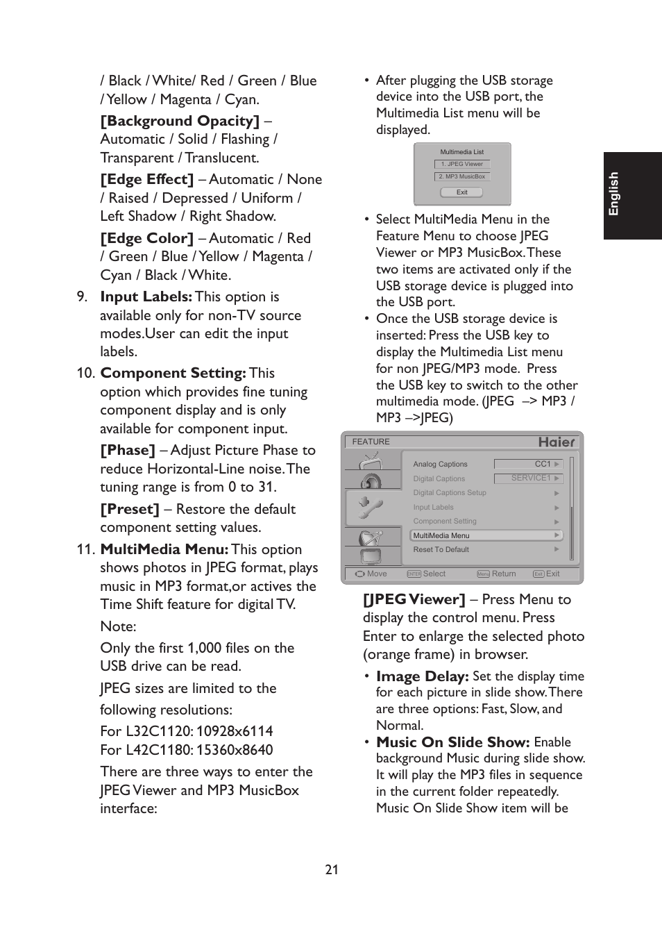 Image delay, Music on slide show | haier TFT L32C1120 User Manual | Page 23 / 34