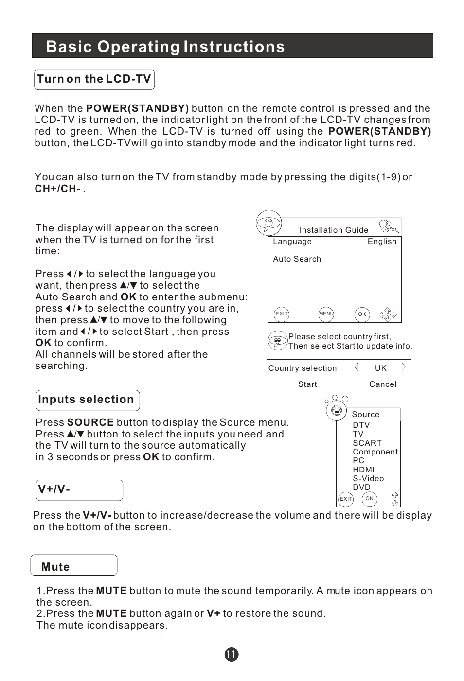 Т³гж 13, Basic operating instructions, Turn on the lcd-tv | V+/v, Mute, Inputs selection | haier 0090502138 User Manual | Page 13 / 40