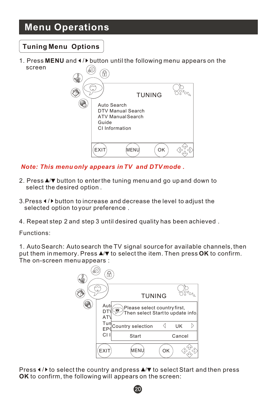 Т³гж 22, Menu operations, Tuning menu options | haier 0090502138 User Manual | Page 22 / 40