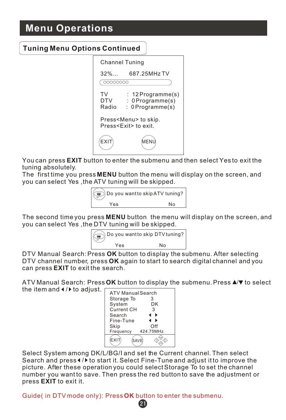Т³гж 23, Menu operations, Tuning menu options continued | haier 0090502138 User Manual | Page 23 / 40