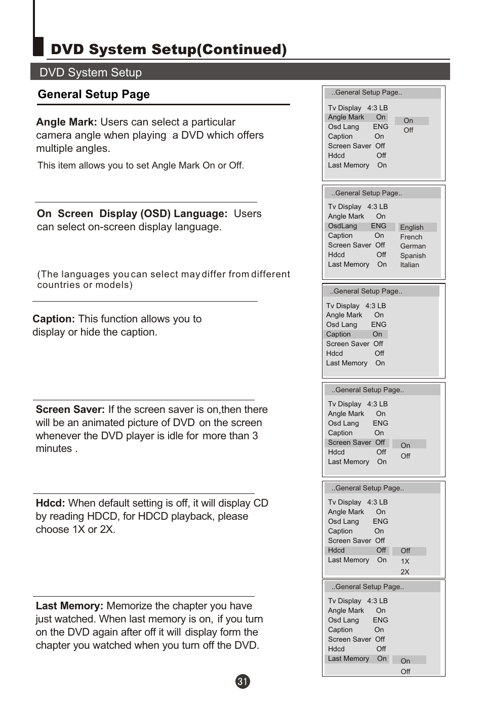 Т³гж 33, Dvd system setup(continued), Dvd system setup general setup page | haier 0090502138 User Manual | Page 33 / 40