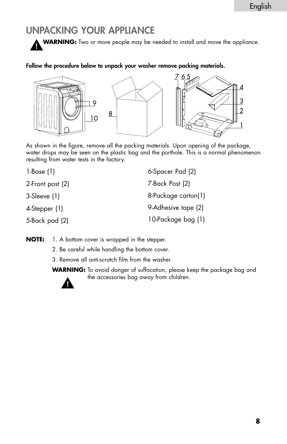 Unpacking your appliance, English | haier HWF5300AW User Manual | Page 10 / 32