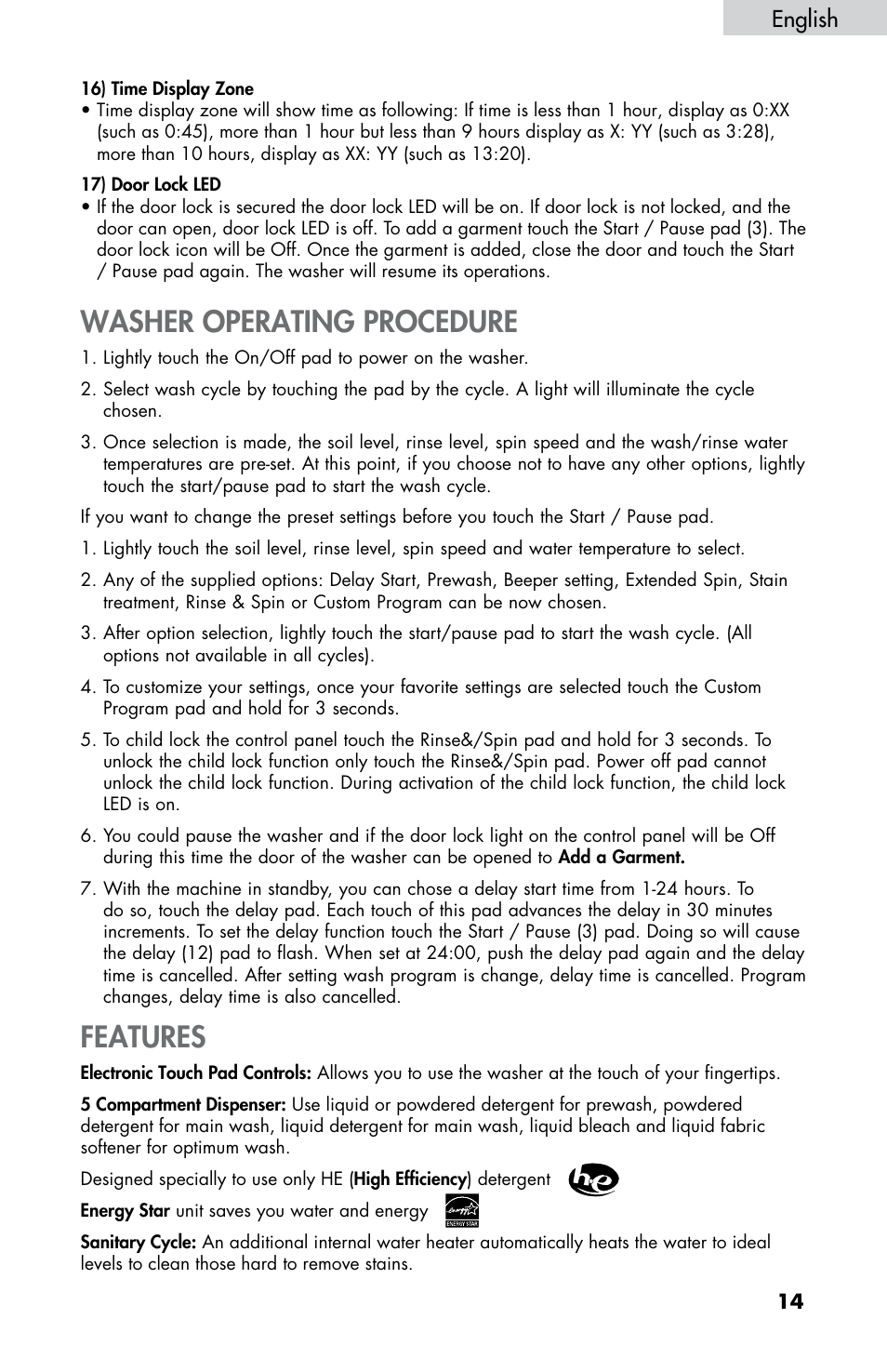 Washer operating procedure, Features, English | haier HWF5300AW User Manual | Page 16 / 32