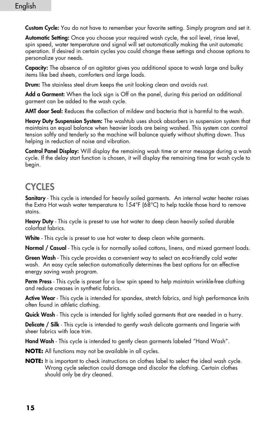 Cycles, English | haier HWF5300AW User Manual | Page 17 / 32
