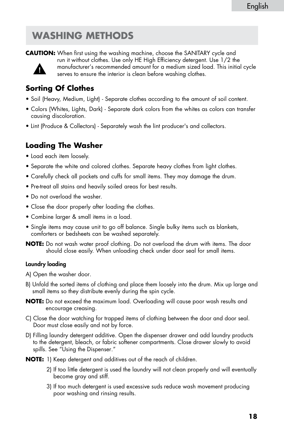 Washing methods, Sorting of clothes, Loading the washer | English | haier HWF5300AW User Manual | Page 20 / 32