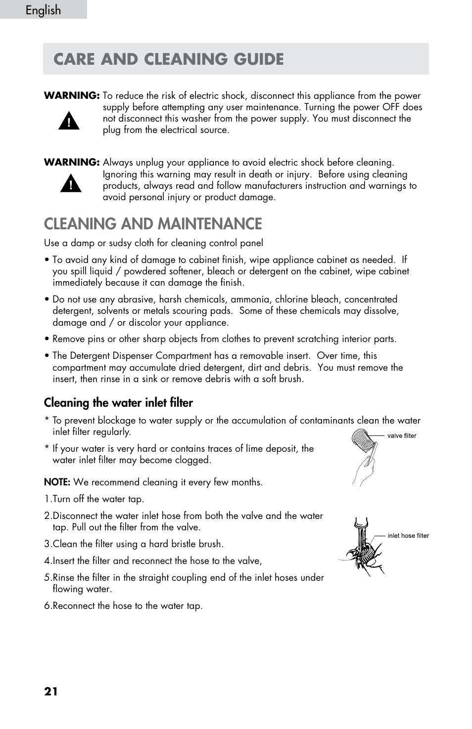 Cleaning and maintenance, Care and cleaning guide, English | Cleaning the water inlet filter | haier HWF5300AW User Manual | Page 23 / 32