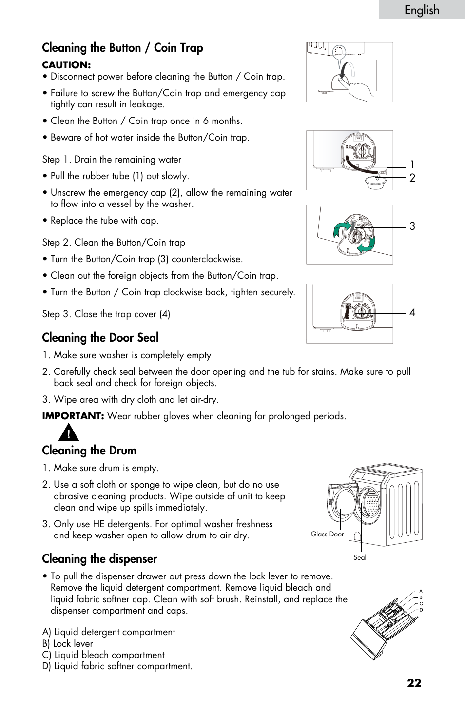 English, Cleaning the button / coin trap, Cleaning the door seal | Cleaning the drum, Cleaning the dispenser | haier HWF5300AW User Manual | Page 24 / 32