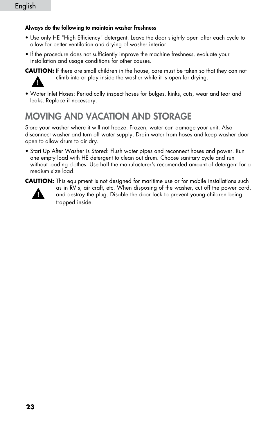 Moving and vacation and storage, English | haier HWF5300AW User Manual | Page 25 / 32