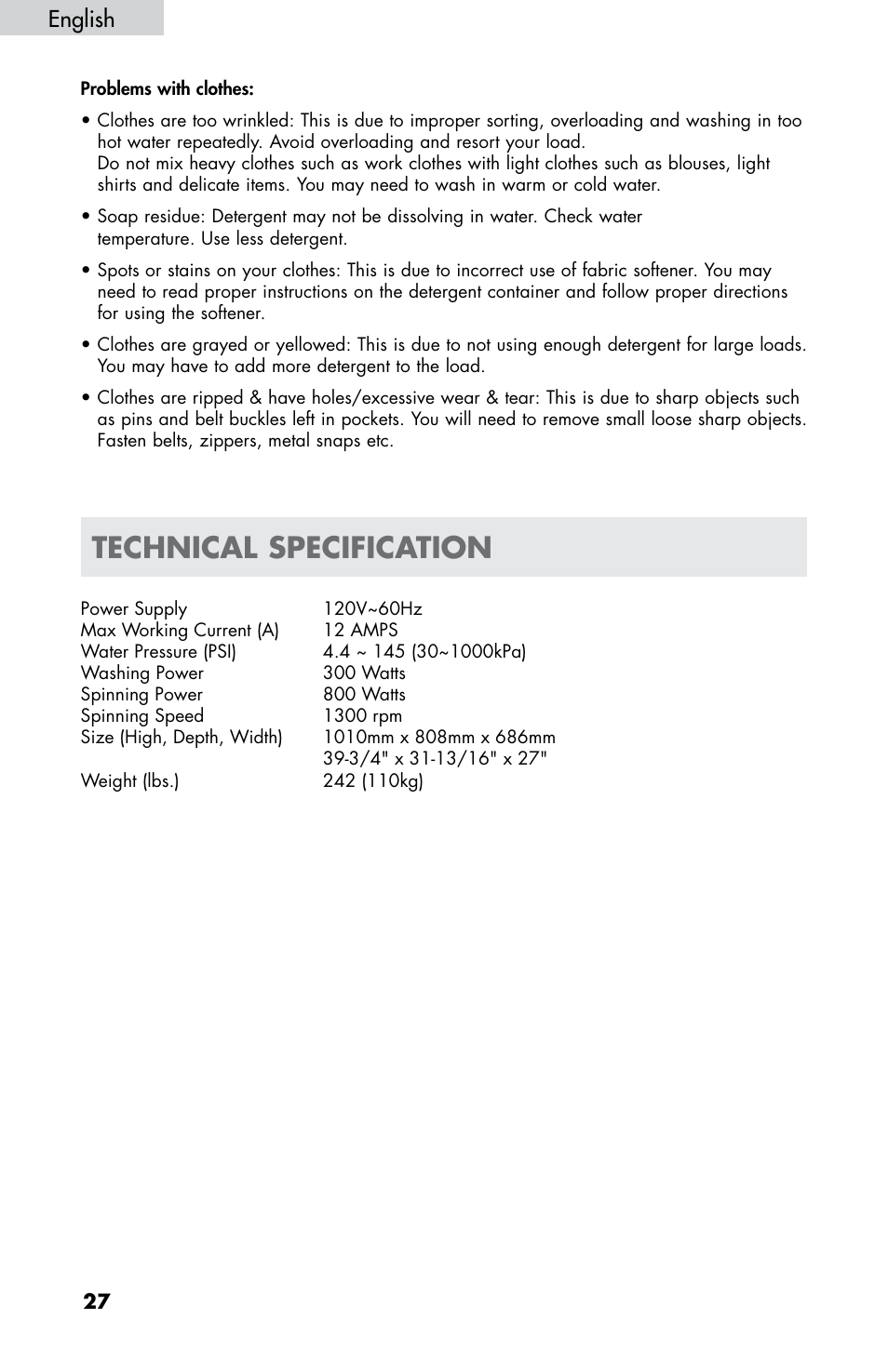 Technical specification, English | haier HWF5300AW User Manual | Page 29 / 32