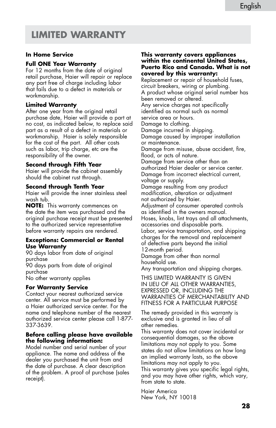 Limited warranty, English | haier HWF5300AW User Manual | Page 30 / 32