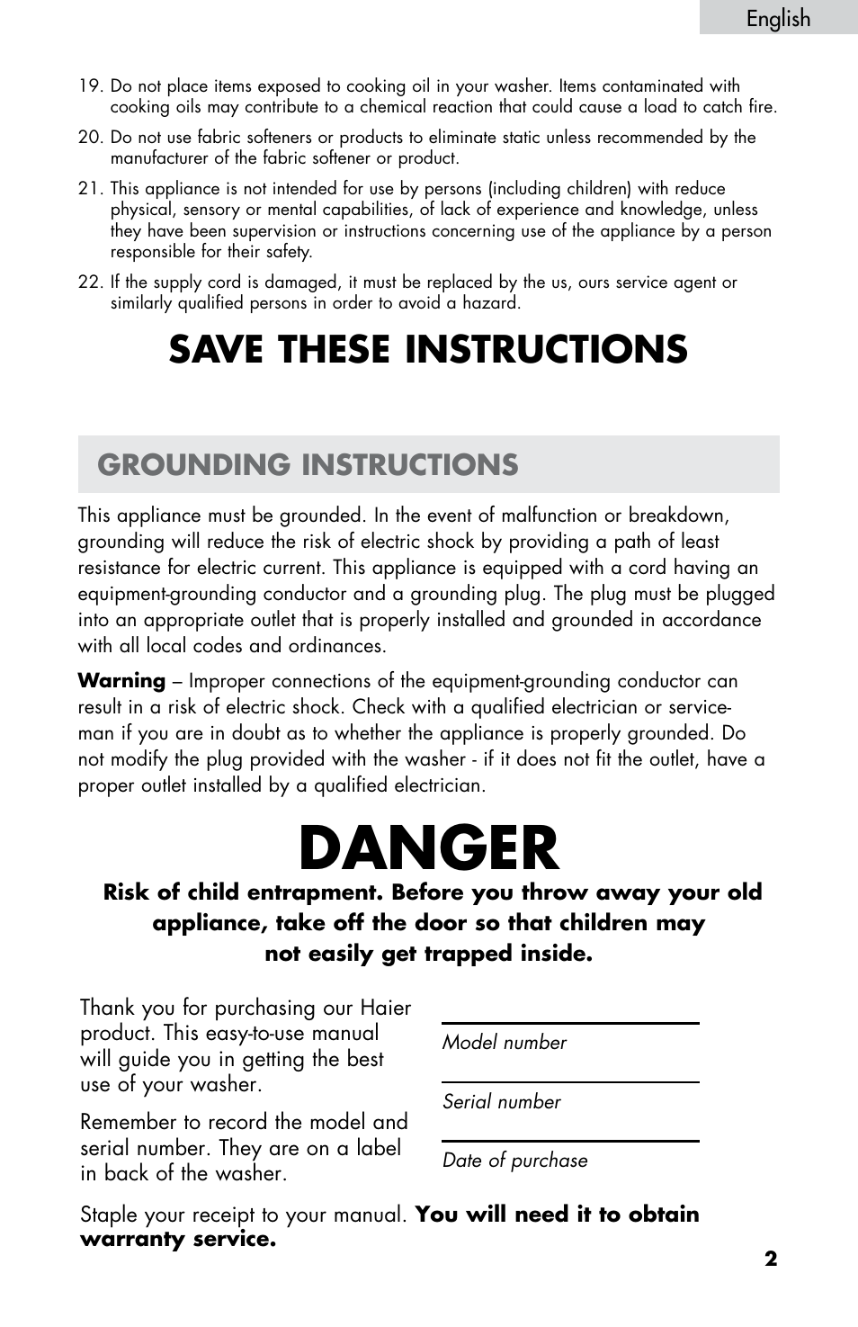 Danger, Save these instructions, Grounding instructions | haier HWF5300AW User Manual | Page 4 / 32
