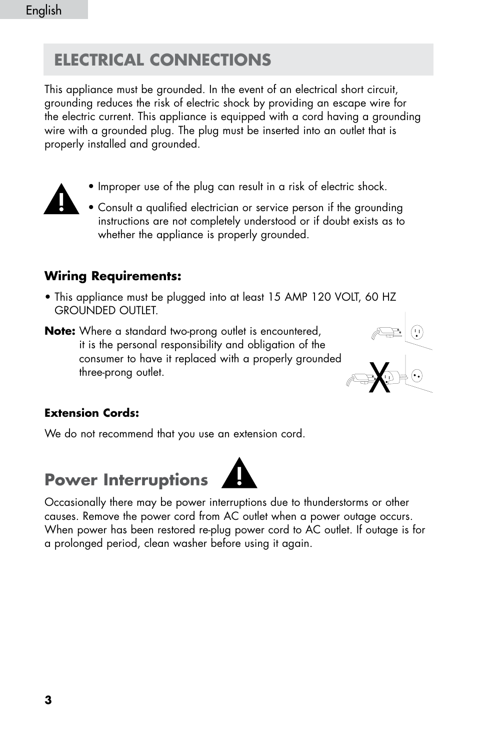 Power interruptions, Electrical connections | haier HWF5300AW User Manual | Page 5 / 32