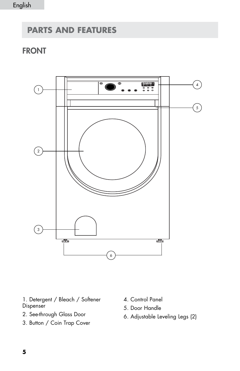 Parts and features, Front, English | haier HWF5300AW User Manual | Page 7 / 32