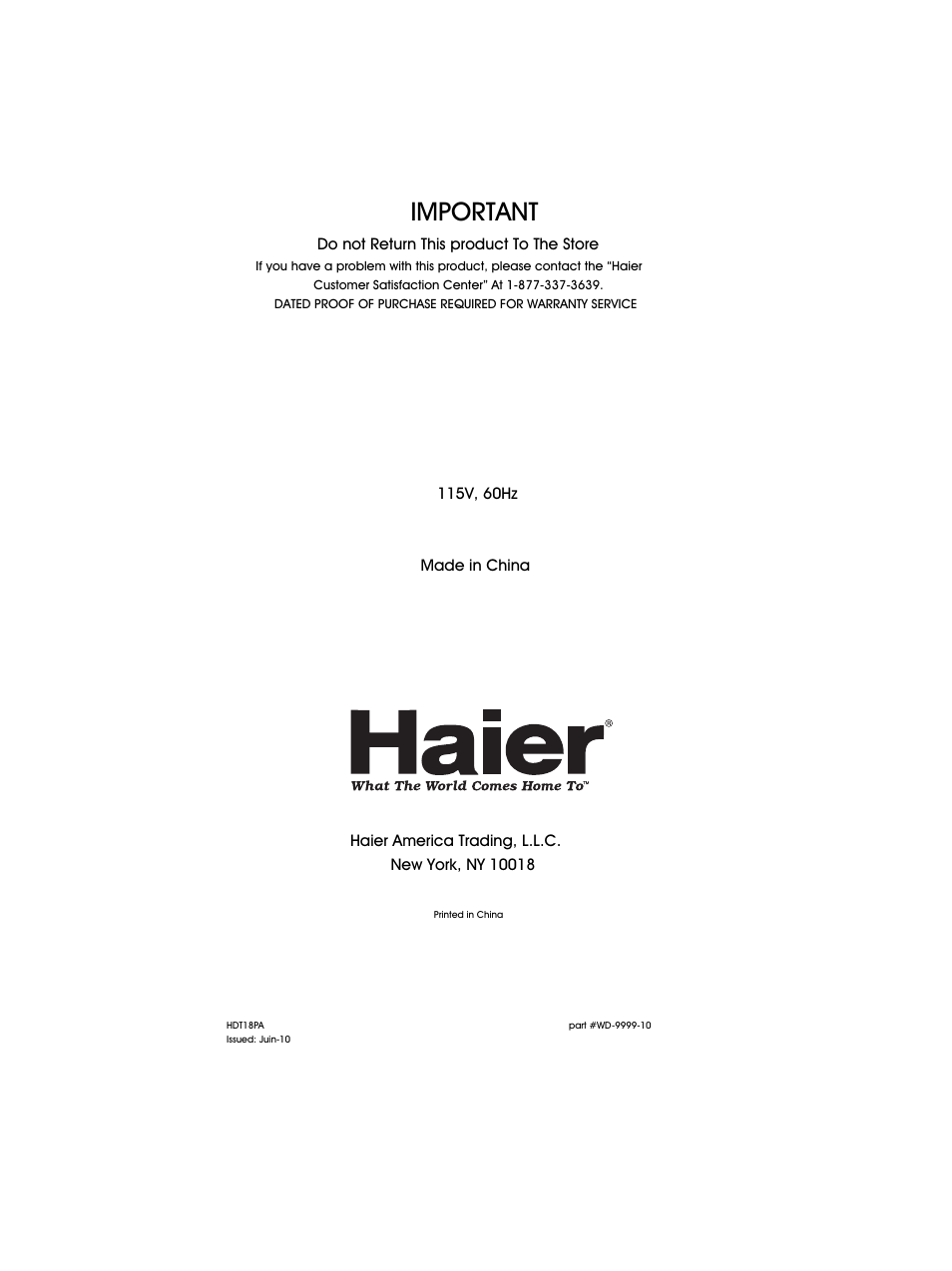 Important | haier HDT18PA User Manual | Page 26 / 26