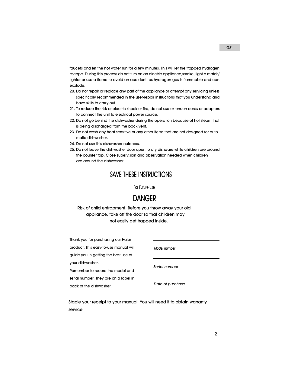 Danger, Save these instructions | haier HDT18PA User Manual | Page 3 / 26