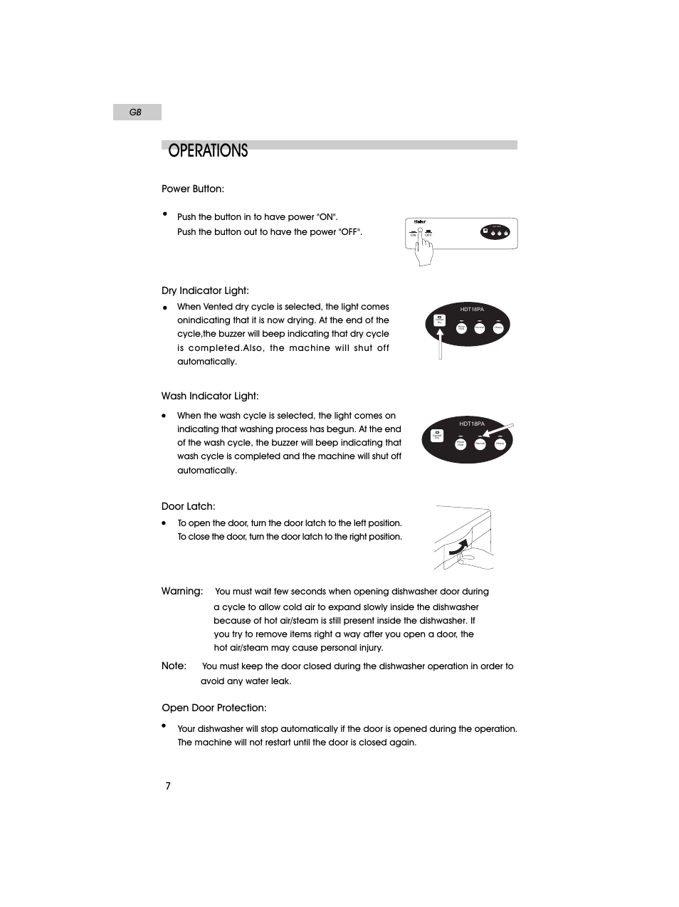Operations, Power button, Dry indicator light | Wash indicator light, Door latch: open door protection, Warning, Rinse hold normal hi-temp heavy hi-temp vented dry | haier HDT18PA User Manual | Page 8 / 26