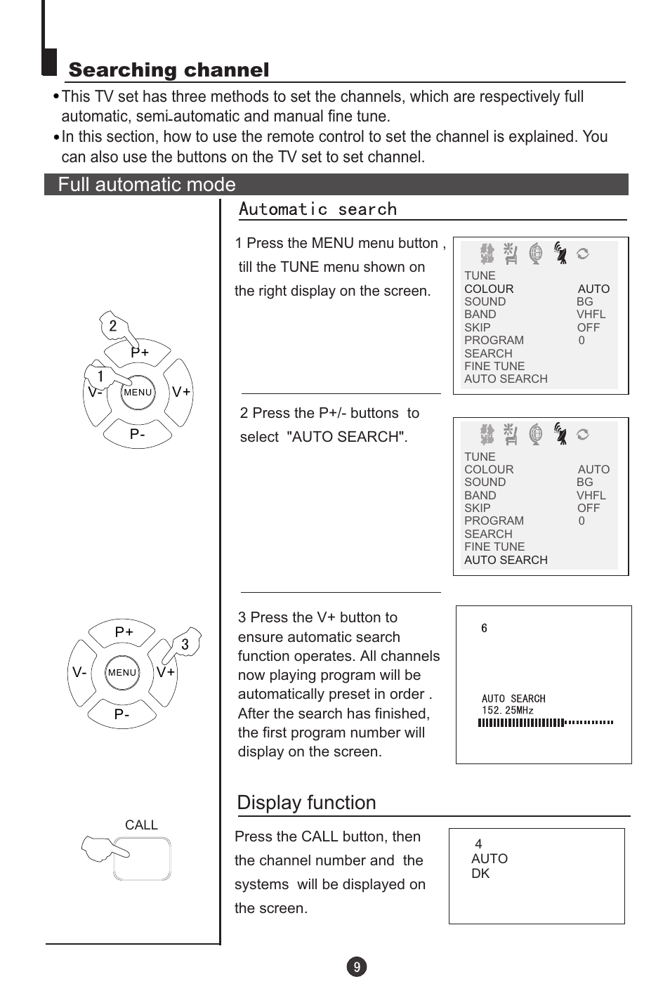 Searching channel, Full automatic mode, Display function | haier DTA-2198PF User Manual | Page 10 / 35
