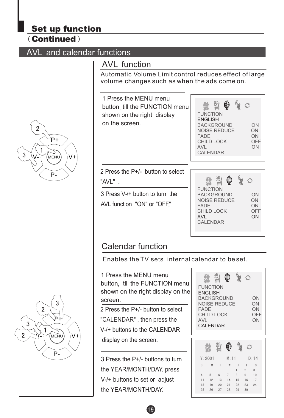 Calendar function, Avl function | haier DTA-2198PF User Manual | Page 20 / 35