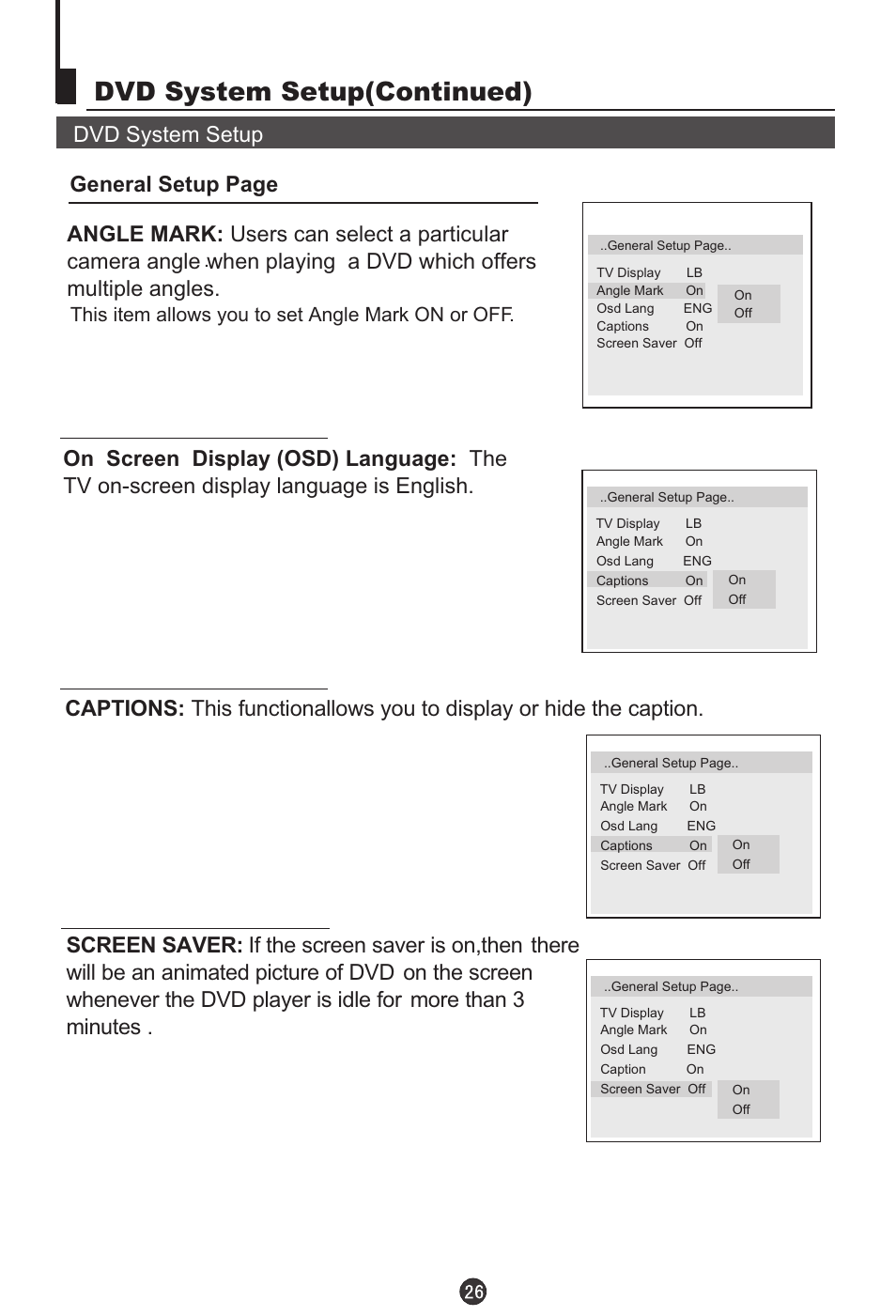 Dvd system setup(continued), This item allows you to set angle mark on or off | haier DTA-2198PF User Manual | Page 27 / 35